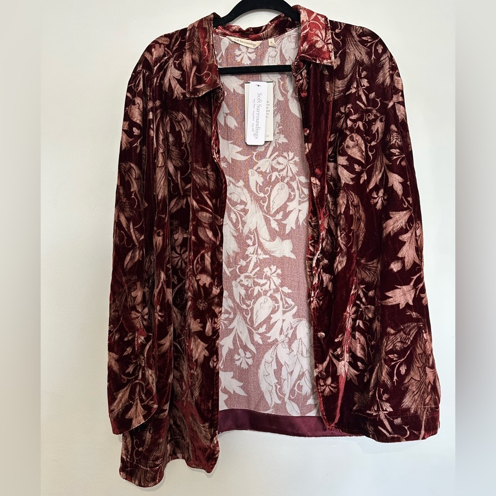 Soft Surroundings ICONS XL NWT Silk Velvet poets tunic shirt button down floral